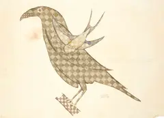 Scottie Wilson, THE RAVEN AND THE SWALLOW (AESOP'S FABLES), 1945, ink and watercolour on paper, (38cm x 53cm (15in x 20 7/8in)