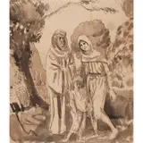 Augustus John, THREE FIGURES IN A LANDSCAPE, 1915, pen and ink and wash