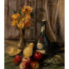 Alfred Wolmark, STILL LIFE OF BENEDICTINE BOTTLE, FLOWERS AND FRUIT, oil on board