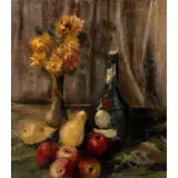 Alfred Wolmark, STILL LIFE OF BENEDICTINE BOTTLE, FLOWERS AND FRUIT