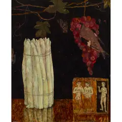 Victoria Crowe, ASPARAGUS & SINNERS, oil on board