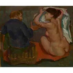 TWO FIGURES (ARTIST AND MODEL) by William Crosbie, 1949, oil on board, sold Aug 2024