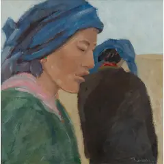 Brenda Lenaghan, TIBETAN WOMAN IN BLUE SCARF, 1988, oil on board