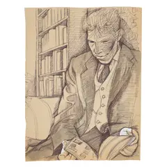Alasdair Gray, PORTRAIT OF BILL HAMILTON READING - C.1970, ink and wash and tippex on tan paper
