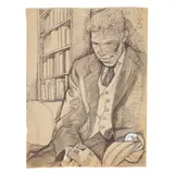 Alasdair Gray, PORTRAIT OF BILL HAMILTON READING - C.1970, ink and wash and tippex on tan paper