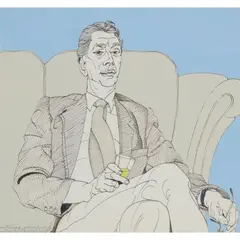 Alasdair Gray, PORTRAIT OF SEATED FIGURE WITH DRAM, ' ink and gouache