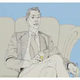 PORTRAIT OF SEATED FIGURE WITH DRAM by Alasdair Gray, ' ink and gouache, sold Aug 2024