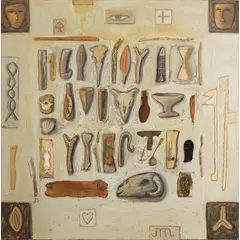 Jock McInnes, UNTITLED (ARCHAEOLOGICAL STILL LIFE), Oil and assembled ‘found’ elements on canvas