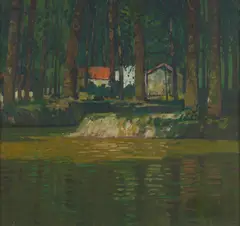 George Devlin, COTTAGE BY THE LOCH, oil on canvas