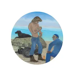 Laetitia Yhap, TIMMY FILING A NEEDLE WITH BESS, 1980, oil on panel