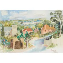 William Crosbie, VILLAGE LANDSCAPE, 1982, watercolour and pencil