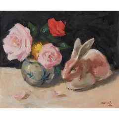 Ernest Hood, STILL LIFE WITH ROSES AND PORCELAIN HARE, oil on board