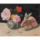 Ernest Hood, STILL LIFE WITH ROSES AND PORCELAIN HARE, oil on board