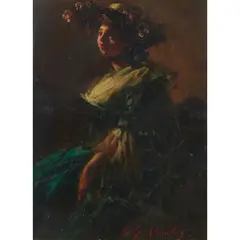 William Somerville Shanks, PORTRAIT OF A LADY WITH A FLORAL BONNET, oil on canvas