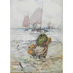 Robert McGowan Coventry, GATHERING MUSSELS, watercolour and charcoal
