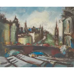 Hamish Lawrie, VIEW OVER SOUTH BRIDGE ONTO THE MOUND, EDINBURGH, oil on board