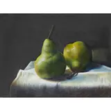 David Warrilow, PEARS ON A WHITE CLOTH, 1990, Oil on board