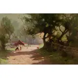 Robert Russell MacNee, A SUNLIT FARMYARD SCENE, oil on canvas