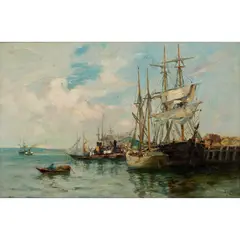 BY THE QUAYSIDE by Joseph Milne, oil on canvas, sold Jun 2024