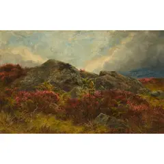 HEATHER BLOOMING IN THE HIGHLANDS by James Faed Jr, oil on panel, sold Jun 2024