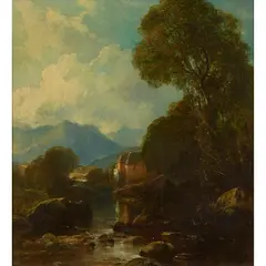 Horatio McCulloch, A HIGHLAND RIVER LANDSCAPE WITH WATER-MILL, oil on board