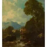 Horatio McCulloch, A HIGHLAND RIVER LANDSCAPE WITH WATER-MILL, oil on board