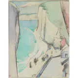 John Duncan Fergusson, THE PLAGE AND CLIFFS, POURVILLE, Charcoal and watercolour