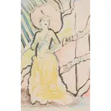 George Leslie Hunter, PORTRAIT OF MISS MABEL COUPER IN EVERGREEN, Pen and ink and coloured chalk