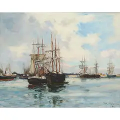 A BUSY HARBOUR SCENE by Joseph Milne, oil on canvas, sold Jun 2024