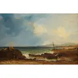 Horatio McCulloch, A COASTAL SCENE WITH BEACHED FISHING BOATS, oil on canvas