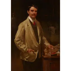 Robert Brough, THREE-QUARTER LENGTH PORTRAIT OF THE ARTIST JOHN RUSSELL GREIG IN HIS STUDIO, Oil on canvas laid down on board