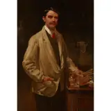 Robert Brough, THREE-QUARTER LENGTH PORTRAIT OF THE ARTIST JOHN RUSSELL GREIG IN HIS STUDIO, Oil on canvas laid down on board