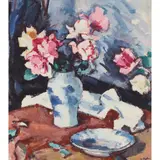 Samuel Peploe, PINK ROSES IN A BLUE AND WHITE VASE, oil on canvas and verso with Still Life with Fruit and Flowers