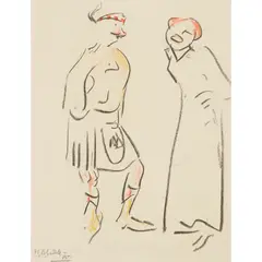 JACK AND TOMMY: KILTED SOLDIER AND LADY by Francis Cadell, charcoal and watercolour, sold Jun 2024