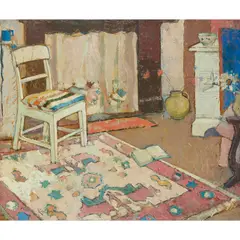 INTERIOR WITH PATTERNED RUG by Anne Redpath, oil on panel laid down, sold Jun 2024