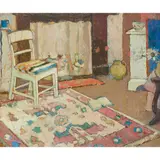 Anne Redpath, INTERIOR WITH PATTERNED RUG, oil on panel laid down