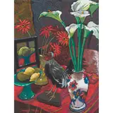 Christine McArthur, STILL LIFE WITH COCKEREL, mixed media on black paper