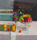 John Cunningham, STILL LIFE OF FRUIT AND FLOWERS, oil on canvas