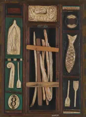 Simon Laurie, DRIFTWOOD DIARY, 1989, wooden construction / relief comprising carved, hand-painted elements and fragments of driftwood