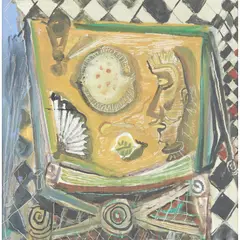 John Byrne, UNTITLED (STILL LIFE WITH HEAD AND PLAICE), oil on canvas with scratching out