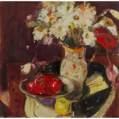 Gordon Bryce, MARGUERITES, POPPIES AND FRUIT, oil on canvas