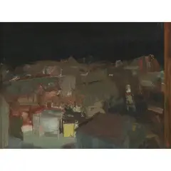 Mardi Barrie, NIGHT WINDOW ON AN AUTUMN TOWN, oil on canvas board