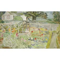 John McNairn, GARDEN WITH TRELLIS, 1976, oil on board