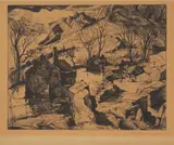 Ian Fleming, RUINED CROFTS, 1937, Etching on buff card