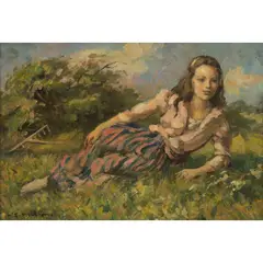 William Stewart MacGeorge, PINK GIRL (RESTING IN FIELD), oil on board