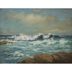 John McGhie, WAVES BREAKING ON A DESERTED BEACH, oil on canvas