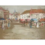 James Kay, HONFLEUR FLOWER MARKET, watercolour with bodycolour on brown paper