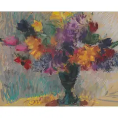 Lena Alexander, STILL LIFE WITH TEAL VASE, pastel on buff paper