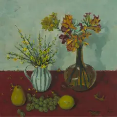 John Miller, FREESIAS IN AN AMBER BOTTLE, oil on board