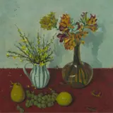 John Miller, FREESIAS IN AN AMBER BOTTLE, oil on board